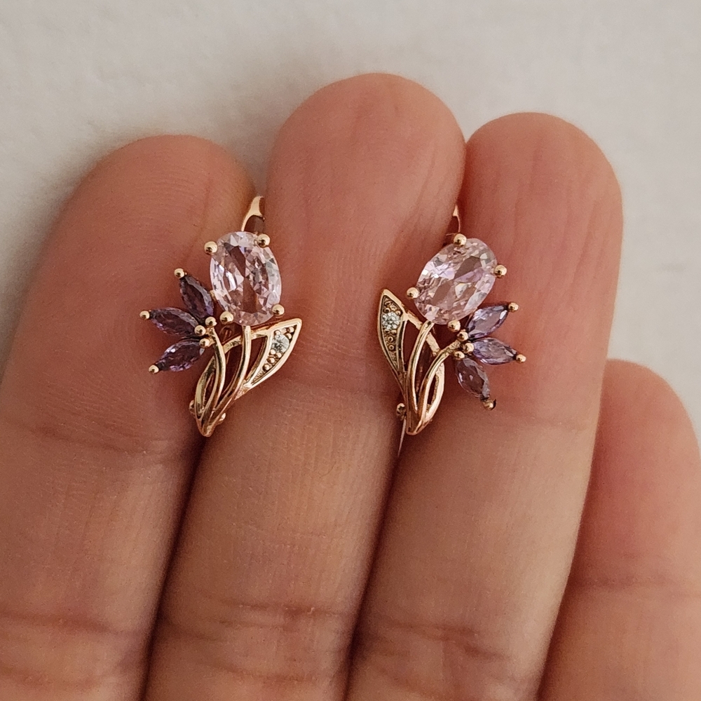 New 14K Gold Plated Pink Sapphire Amethyst Diamond Flower Hoop Earrings